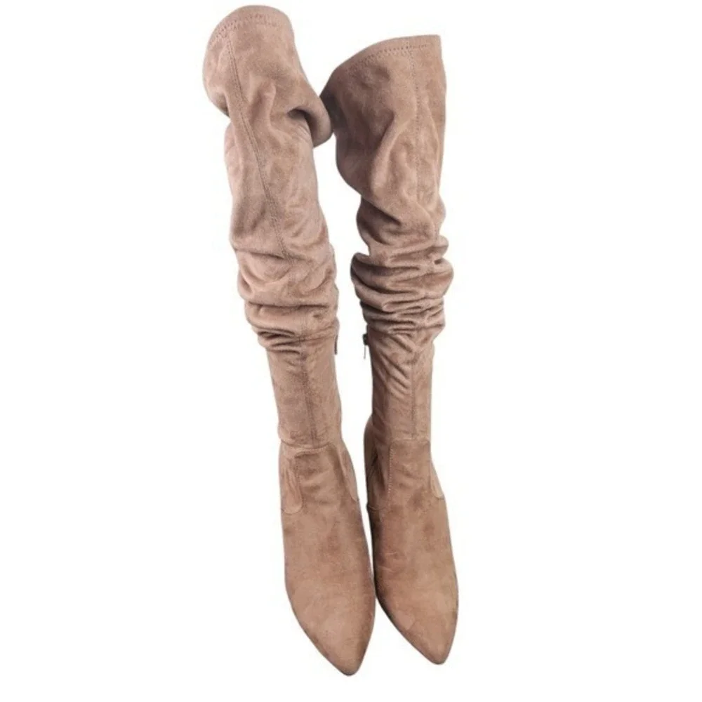 Steve‎ Madden Women's Tan Suede Ruched Block Heel Pointed Toe Boots Size 8.5M